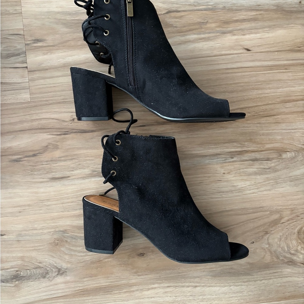 Black Peep-Toe Block Heel Ankle Boots